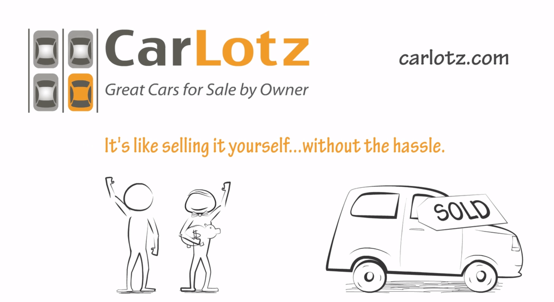 Cartoon drawing of a person holding a piggy bank, standing next to his new car