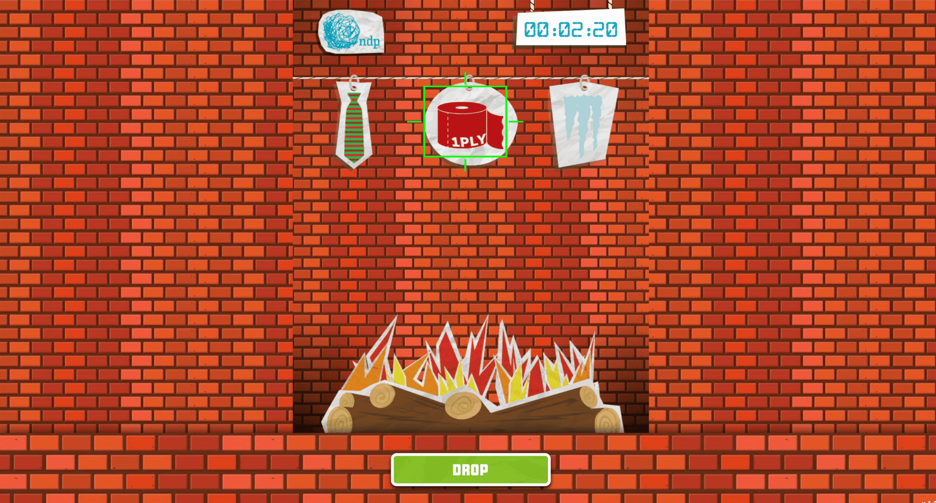cartoon brick hearth and fire with a clothes line. Hanging from the line is a tie, toilet paper, and icicles