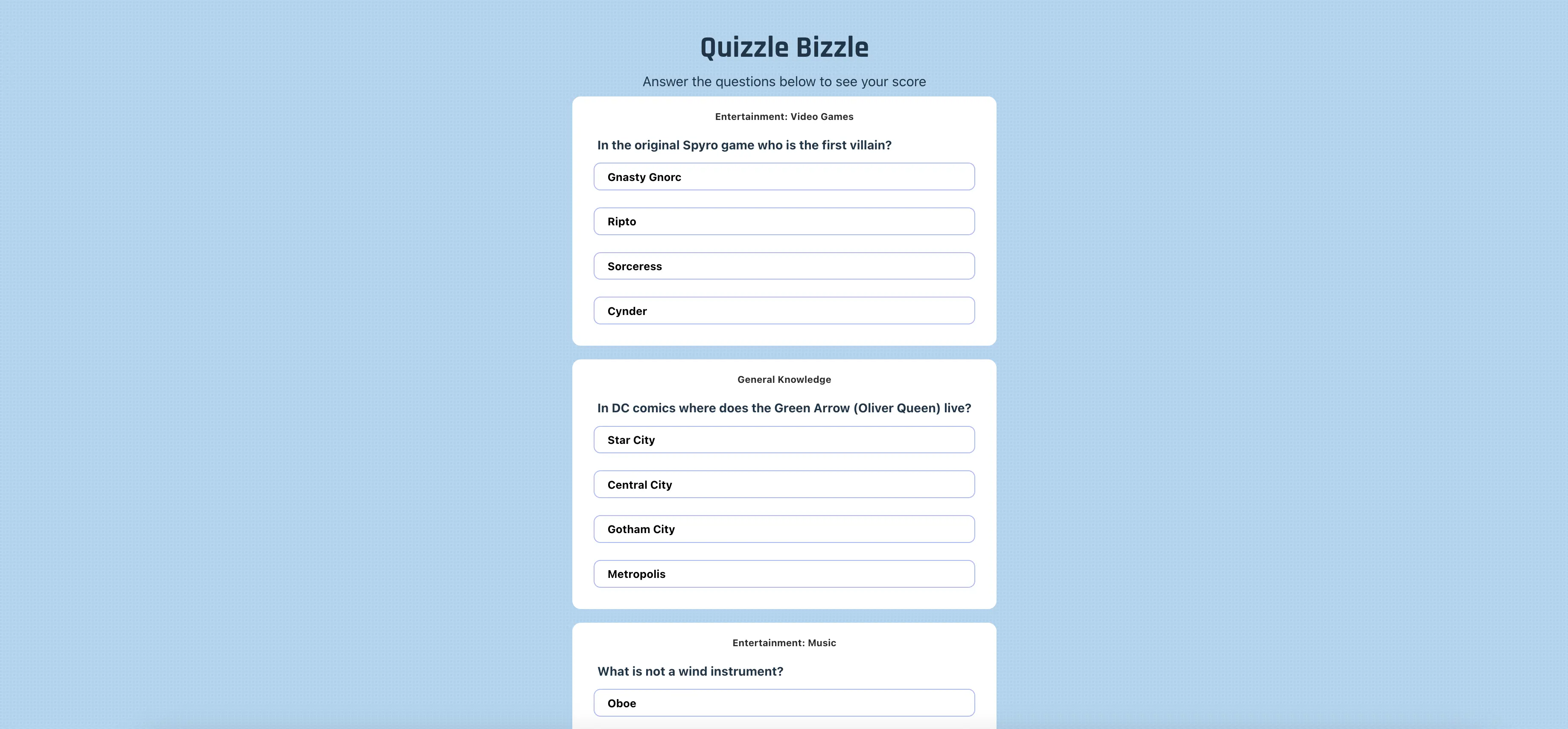 list of questions and possible answers on a blue background